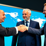 A diverse group of professional real estate valuers, fully clothed in modest business suits and professional dress, engaging in networking at a vibrant international conference. In the background, a large digital display shows a glowing world map, symbolizing global collaboration. The scene captures discussions and a handshake, conveying trust and shared expertise. Professional photography, high resolution, soft lighting, appropriate attire, safe for work, perfect anatomy, correct proportions, natural pose, well-formed hands, proper finger count, natural body proportions, appropriate content, professional.