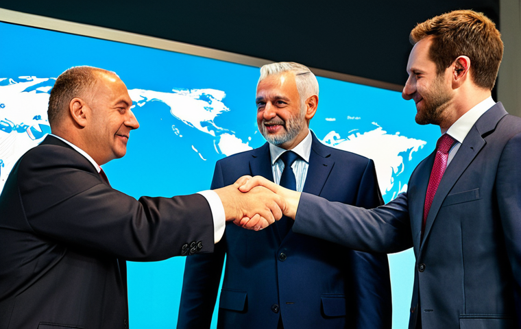 A diverse group of professional real estate valuers, fully clothed in modest business suits and professional dress, engaging in networking at a vibrant international conference. In the background, a large digital display shows a glowing world map, symbolizing global collaboration. The scene captures discussions and a handshake, conveying trust and shared expertise. Professional photography, high resolution, soft lighting, appropriate attire, safe for work, perfect anatomy, correct proportions, natural pose, well-formed hands, proper finger count, natural body proportions, appropriate content, professional.