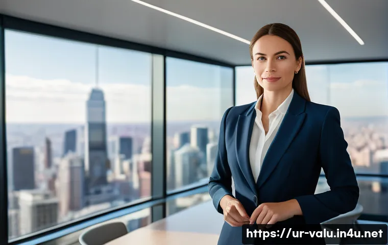 감정평가사의 금융권 진출 - A professional female property valuer, elegantly dressed in a modest, contemporary business suit, st...